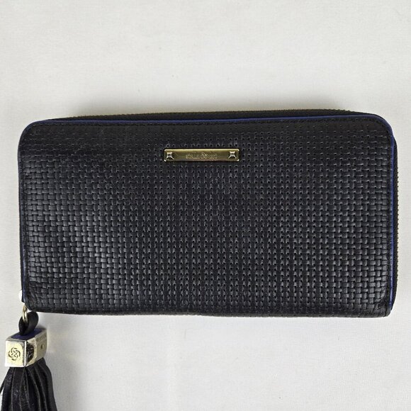 Stella & Dot Mercer Black Leather Tassel Zip Around Wallet Cobalt Blue Accent - Picture 2 of 16